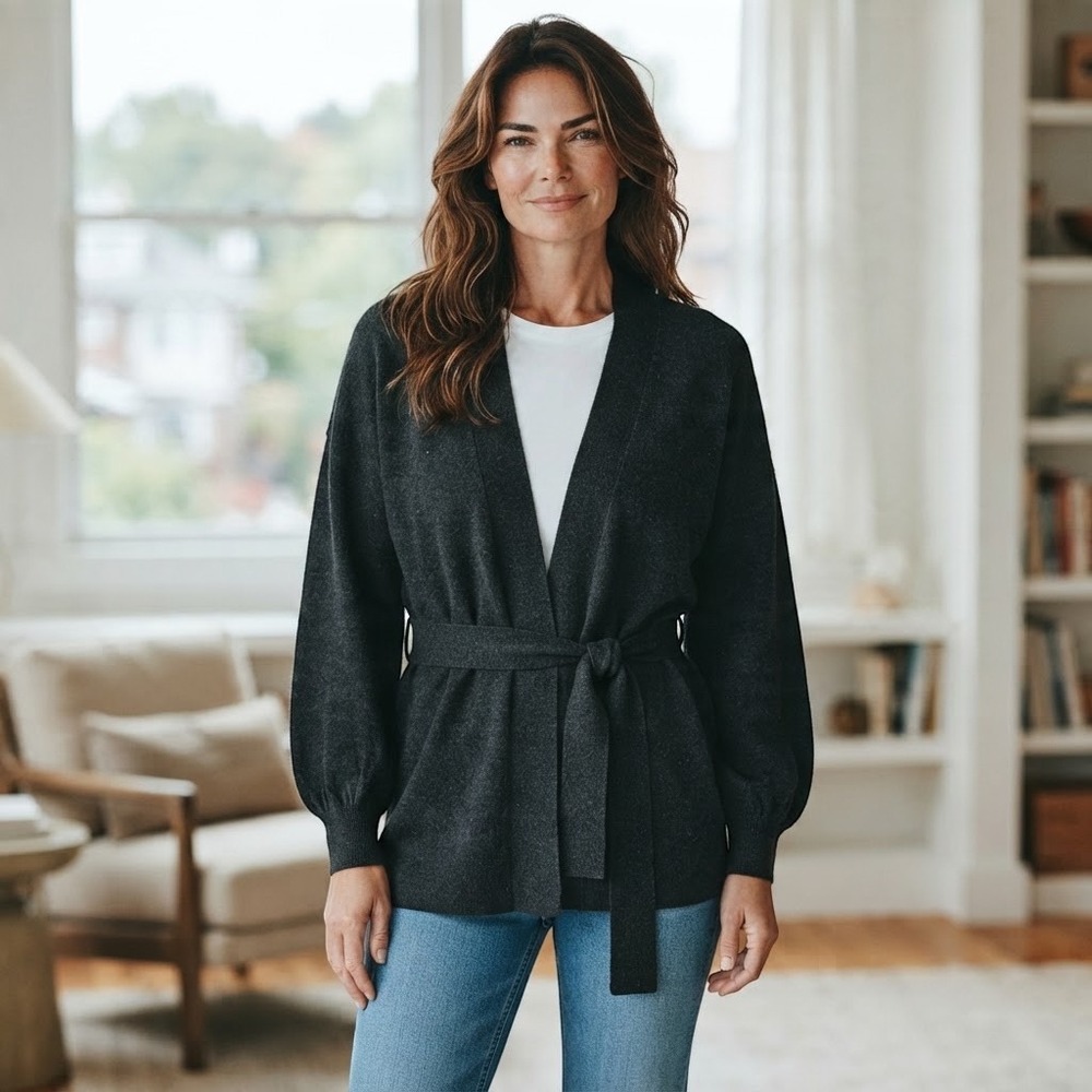Lauren Ralph Lauren Cardigan Womens XL Black NEW Cashmere Belted MSRP $295.00